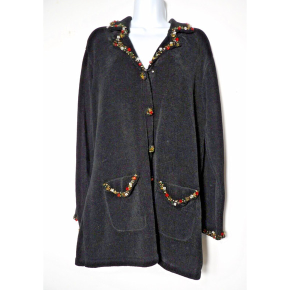 J Two New York Cardigan Sweater Chenille Sweater XL Black Beaded Artsy NWT Matur - Picture 1 of 16